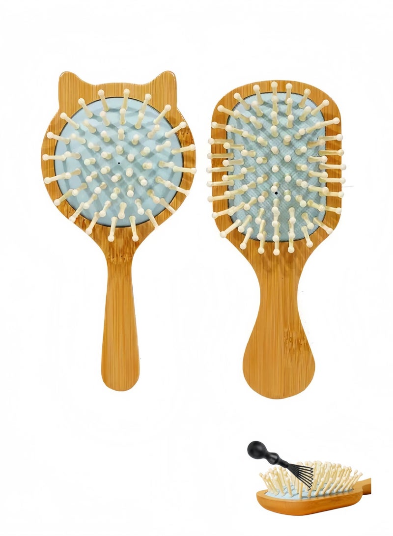 فرشاة تدليك شعر صغيرة مزودة بوسادة هوائية، مشطان تدليك من الخيزران الطبيعي مع فرشاة تنظيف، فرشاة تصفيف شعر رطبة/جافة للشعر المجعد والمستقيم والكثيف والناعم، أداة فك تشابك الشعر مضادة للكهرباء الساكنة وسهلة السفر للرجال والنساء والأطفال، فرشاة فك تشابك الشعر، مدلكات فروة الرأس الصغيرة المستديرة (أزرق/وردي) - Image 1